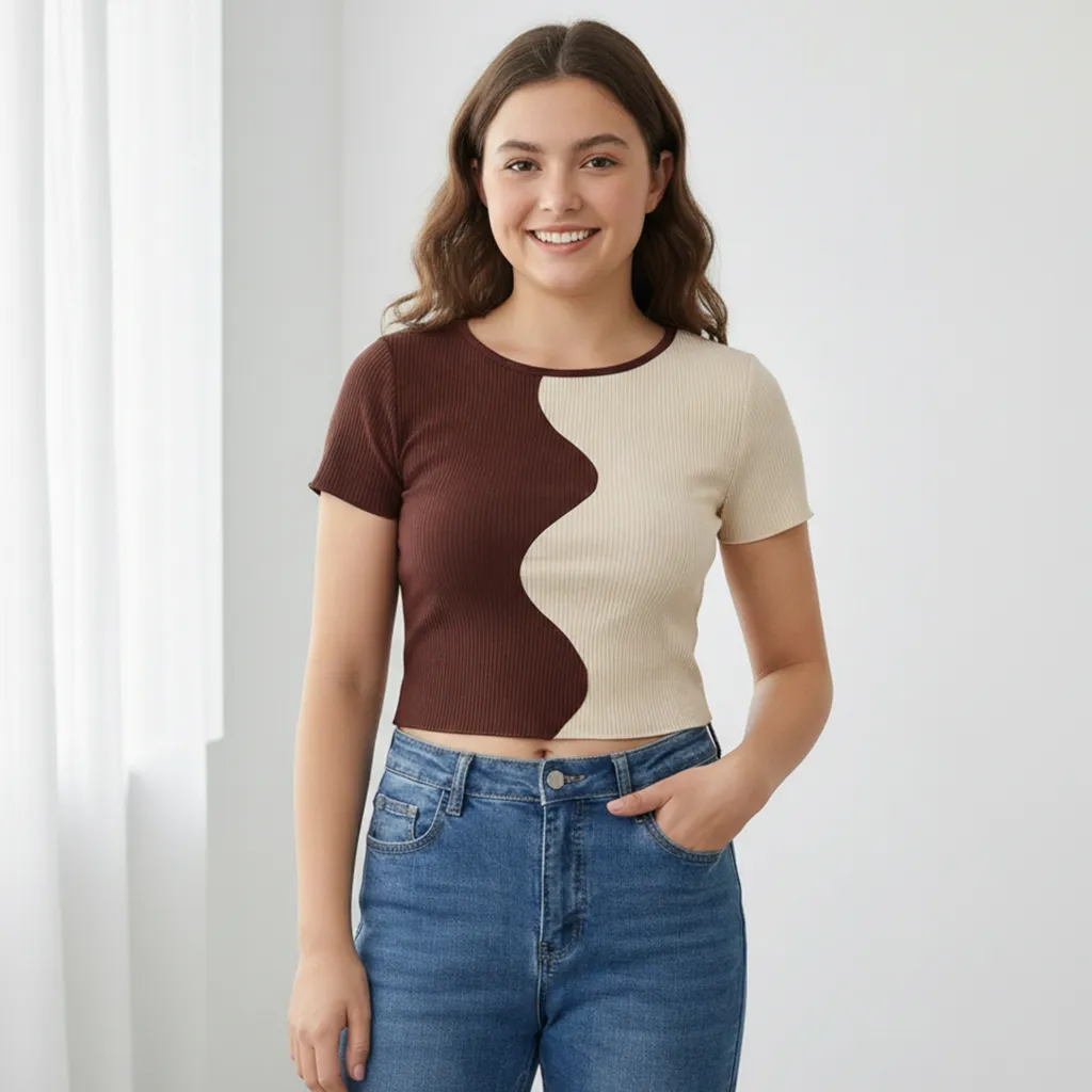 Mocha Wave Colorblock Ribbed Crop Top